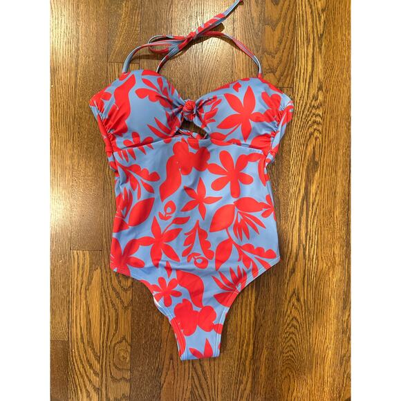 Boden Knot Bandeau One Piece Swimsuit Blue with Red Floral Size UK 10 US 6 - Picture 11 of 13